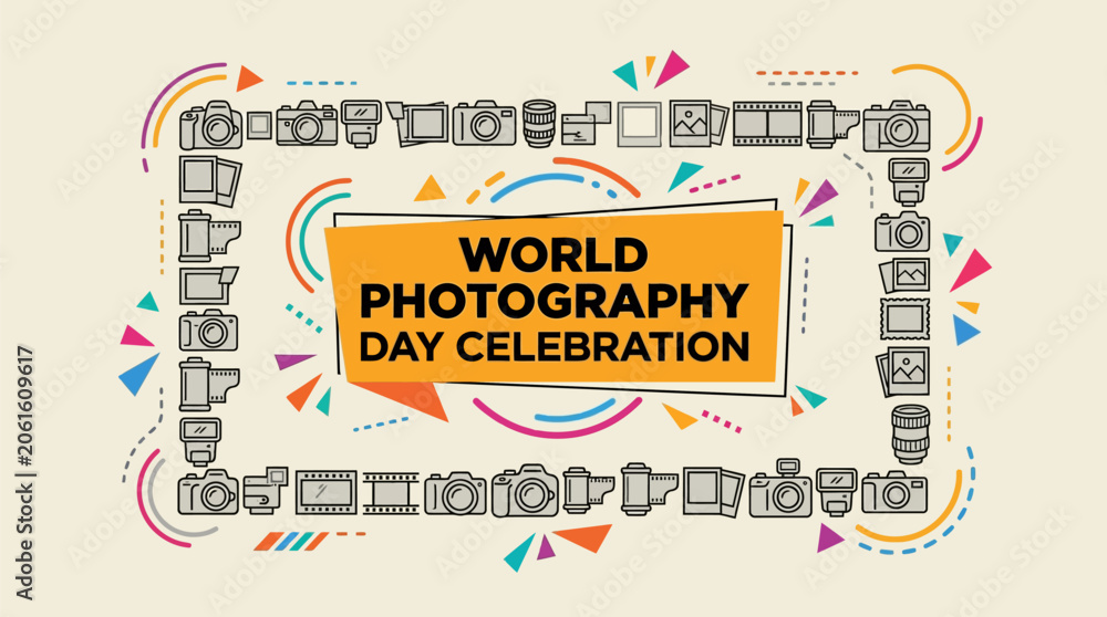 Fototapeta premium Creative celebration infographic highlights global photography day with vibrant camera icons