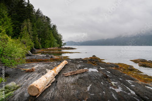 Port San Juan Inlet Port Renfrew. Rock shoreline in Port San Juan, Port Renfrew, British Columbia, Canada.
