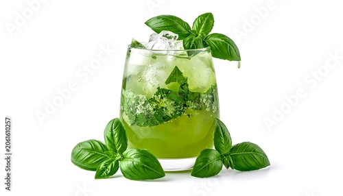 A refreshing green drink with basil leaves and ice cubes in a stemless glass
