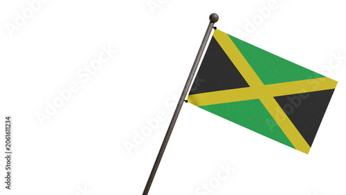 A realistic 3D render of the Jamaica national flag waving on a wooden flagpole, isolated against a transparent background with copy space