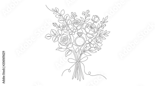 A line art wedding bouquet with a ring tied in a bow presents flowers and leaves in a simple elegant line drawing.