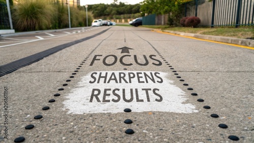 Inspirational pavement quote about focus and results in a calm parking lot setting for motivation and personal growth imagery