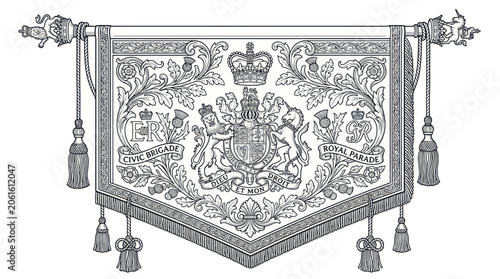 Bild auf Leinwand Vintage Royal Banner with Coat of Arms, ER, and Thistle - Engraving Style