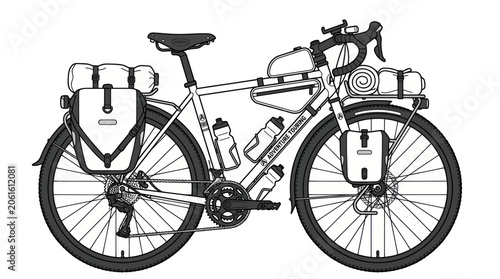 Foto Bicycle Tourer with Panniers, Water Bottles, and Rolled Mat - Line Art