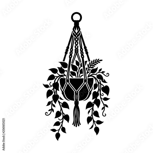 Minimalist boho macrame hanging plant silhouette vector art