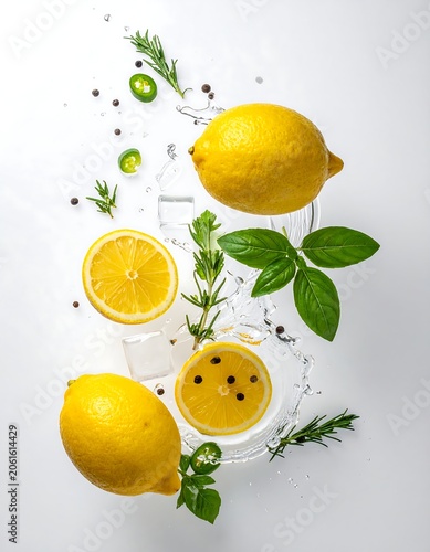 A refreshing still life of lemons and herbs in glasses