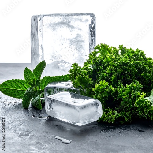 A refreshing still life of mint leaves and kale beside two transparent ice cubes on a gray surface
