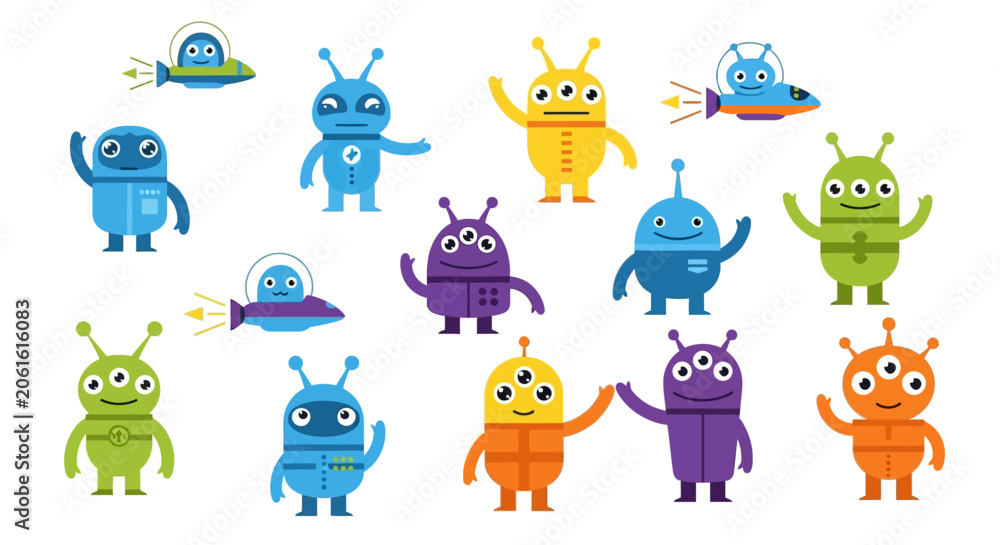 Foto Cute Alien and Spaceship Character Vector Set