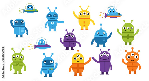 Bild auf Leinwand Cute Alien and Spaceship Character Vector Set