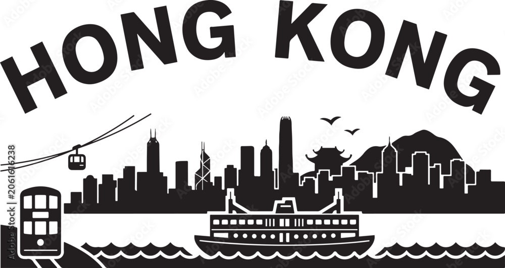 Obraz premium Hong Kong Travel Destination Vector. Vector Black silhouettes illustration