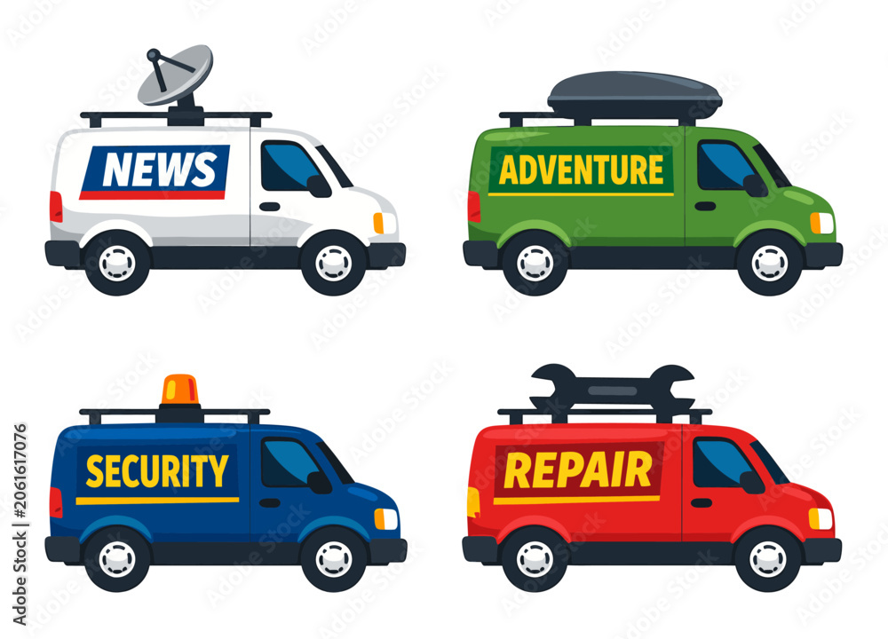 Fototapeta premium Service vans representing news, adventure, security, and repair. Modern flat vector illustrations for transport and professional work