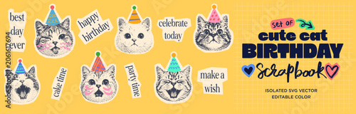 Happy Birthday Party Cat Scrapbook Collage for New Born Anniversary Carnival, Birthday Cake, Confetti, Cute Cat, Trendy Halftone Vector Illustration