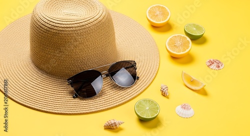 A straw sun hat, sunglasses, sliced citrus fruits, and seashells arranged on a vibrant yellow background, evoking a summer vacation theme.