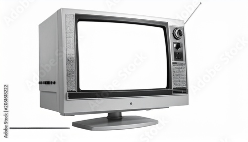 Vintage Television Set with Blank Screen on White Background.