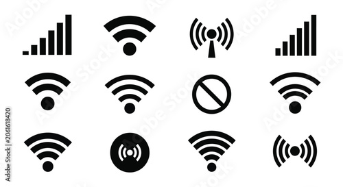 Wireless network and signal strength icons black silhouette style