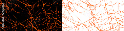 A close up view of orange tangled cobweb on transparent and black background for horror halloween overlay effect.