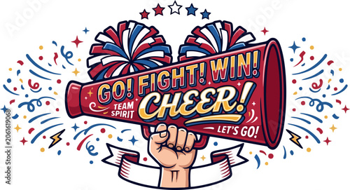 Cheerleading Megaphone with Pom Poms Vector Illustration – Team Spirit, Sports Cheer, School Mascot Support Design