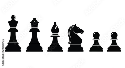Black chess pieces silhouette on a white background