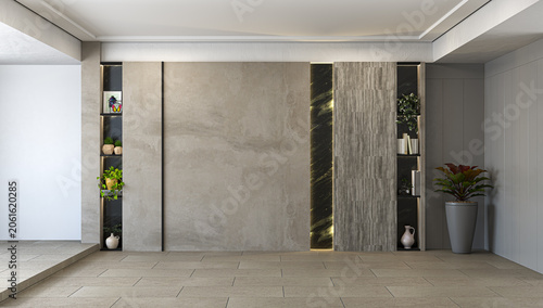 Tableau sur toile Premium empty interior space featuring textured stone walls, dark backlit marble strips, and built-in black shelving