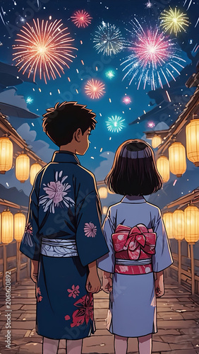 Children in traditional Japanese yukata watching summer fireworks