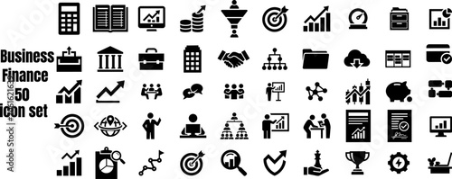 Comprehensive business and finance glyph icons for corporate strategy, financial management, office operations, and data analytics