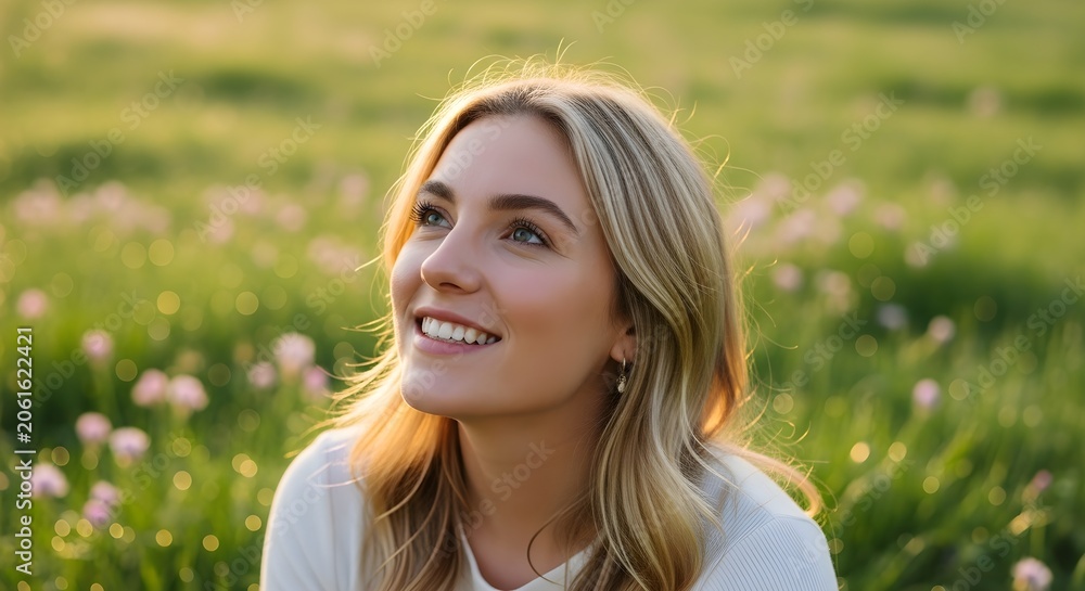 Naklejka premium Young Woman Enjoying the Gentle Warmth of Golden Hour Sunlight in a Lush Green Meadow Landscape