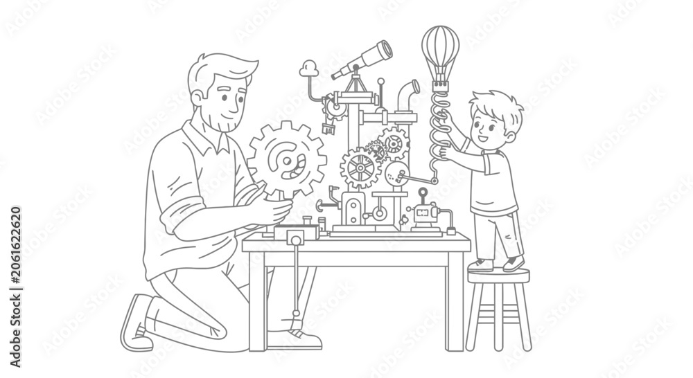 Obraz premium Father and Son Building a Mechanical Invention Coloring Page