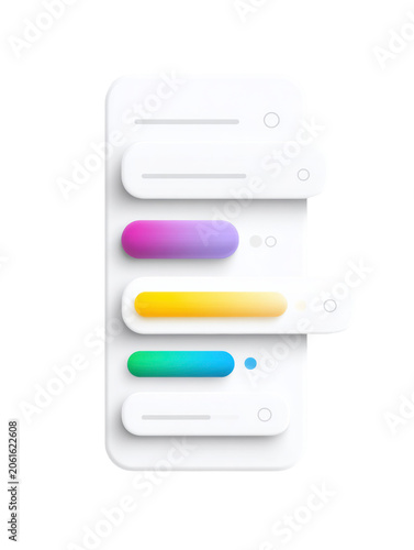 Neumorphic mobile app interface mockup with stacked rounded cards and colorful gradient sliders