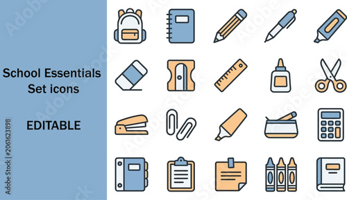 School essentials icons set displayed on a clean white background