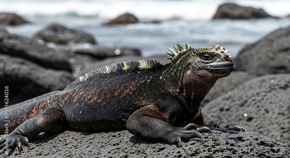 Obraz premium Marine iguana reptile resting on volcanic rocks near ocean water