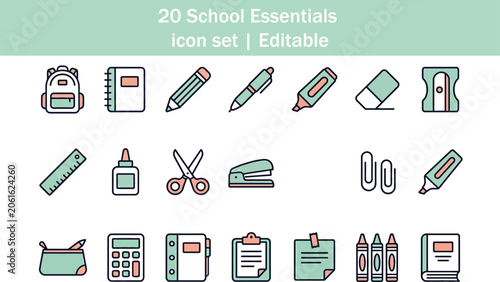School essentials icons depict a collection of educational tools on a desk.