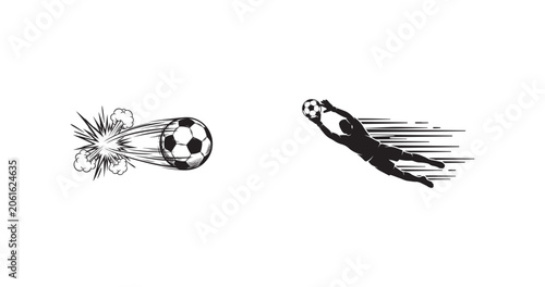Tableau sur toile Soccer action illustration fast shot and diving goalkeeper graphic