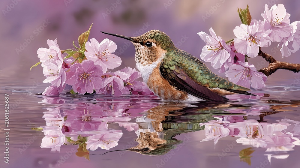 Fototapeta premium Small hummingbird resting near delicate pink cherry blossoms while reflecting in calm water during a beautiful tranquil spring morning scene