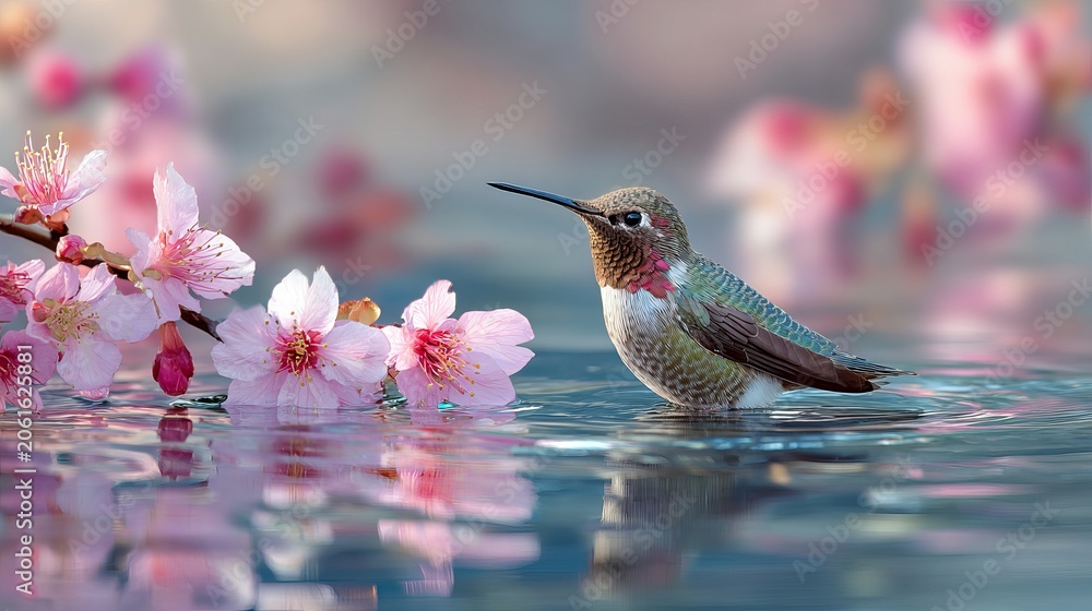 Fototapeta premium Small hummingbird bathing near delicate pink cherry blossoms in calm blue water captured with soft natural lighting in high resolution