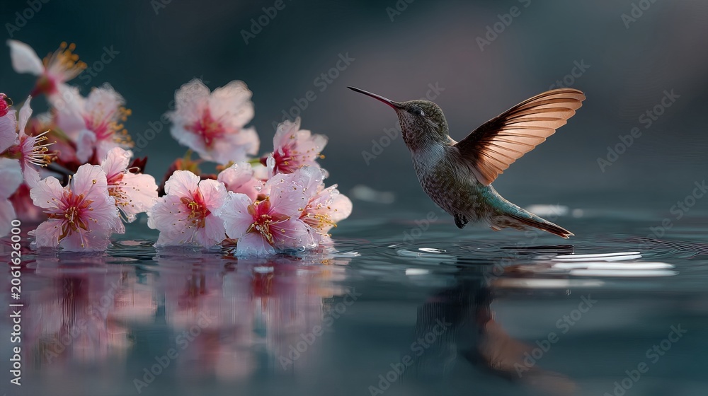 Obraz premium Small hummingbird hovering gracefully near delicate pink cherry blossoms floating on the calm dark water surface during a sunny day