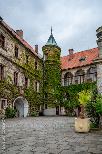 View of the courtyard and ivy-covered tower at Hruba Skala Castle in Bohemian Paradise (Cesky raj), Czech Republic, historic stone architecture surrounded by greenery nature view