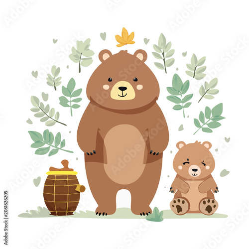 Cartoon Bear Family with Honey Pot and Maple Leaf