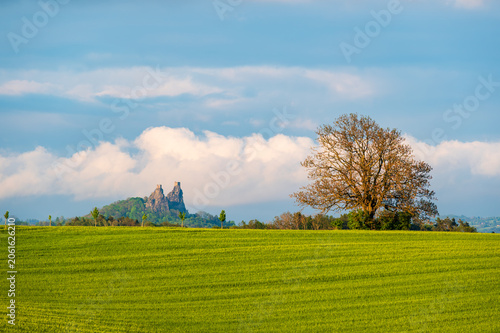Panoramic view of Bohemian Paradise landscape with Trosky Castle ruin rising above hills, soft sunset light, dramatic clouds and light mist, barley fields in foreground landscapes