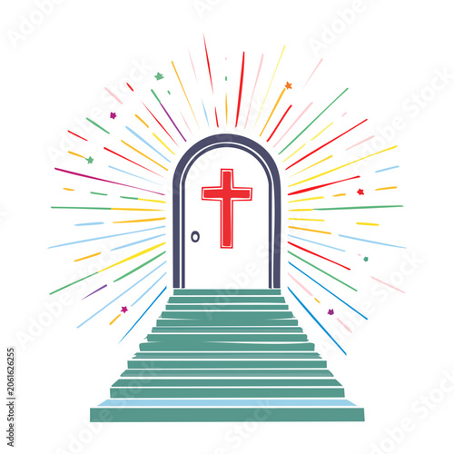 Christian cross door with stairs and colorful light rays