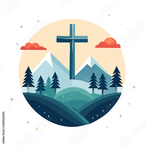 Christian cross in a serene mountain landscape, flat design