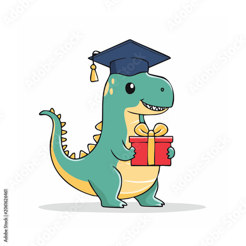 Cute cartoon dinosaur holding umbrella and gift