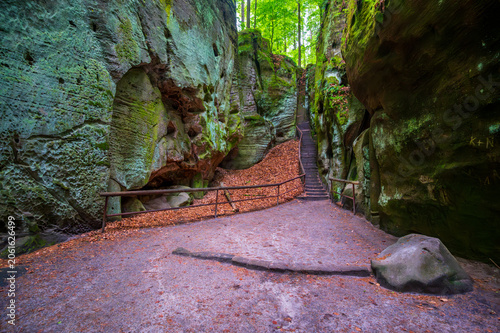Massive sandstone rock formations along a forest trail in Bohemian Paradise (Cesky raj), Hruba Skala area (Hruboskalsko), Czech Republic, with giant stones rising above woodland path