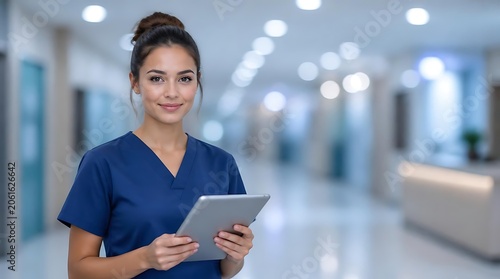 A smiling young woman in blue scrubs holding a tablet in a hospital hallway with a blurred background