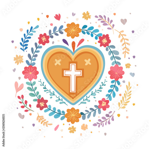Heart with cross and floral wreath
