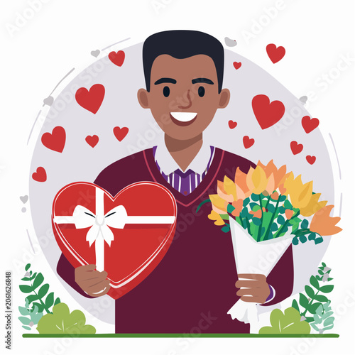 Man Holding Heart-Shaped Chocolate Box and Flowers