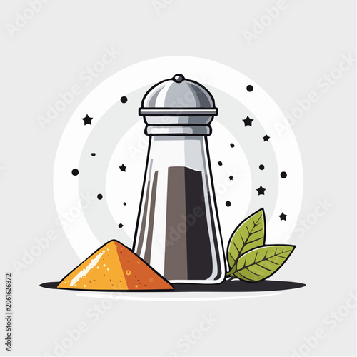 Salt and Pepper Shaker with Spices and Leaves