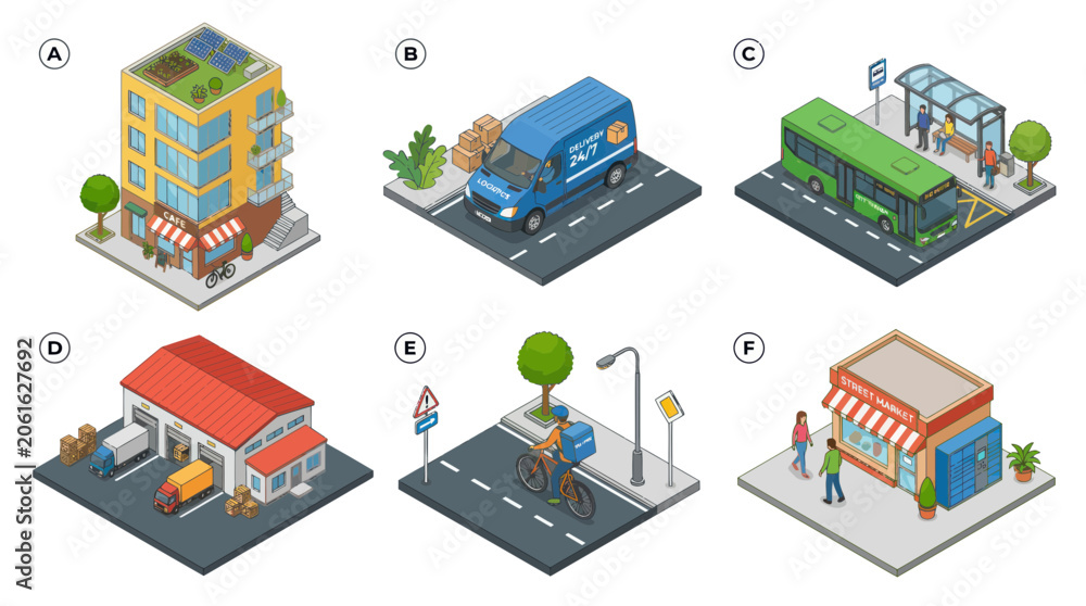 Fototapeta premium Isometric City Elements: Building, Delivery Truck, Bus, Warehouse, Cyclist, Shop