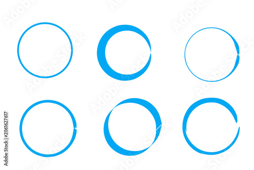 Circular Brush Frame Set. Blue Round Border Collection. Abstract Circle Frame Elements