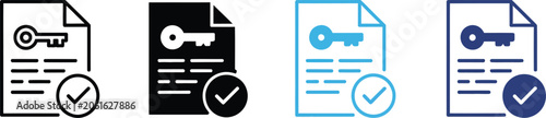 Verified document, icon set, secure file symbols with keys and approval marks for compliance and authorization