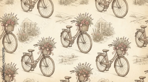 Charming bicycle with flowers vintage style pattern design cozy environment artistic viewpoint whimsical concept